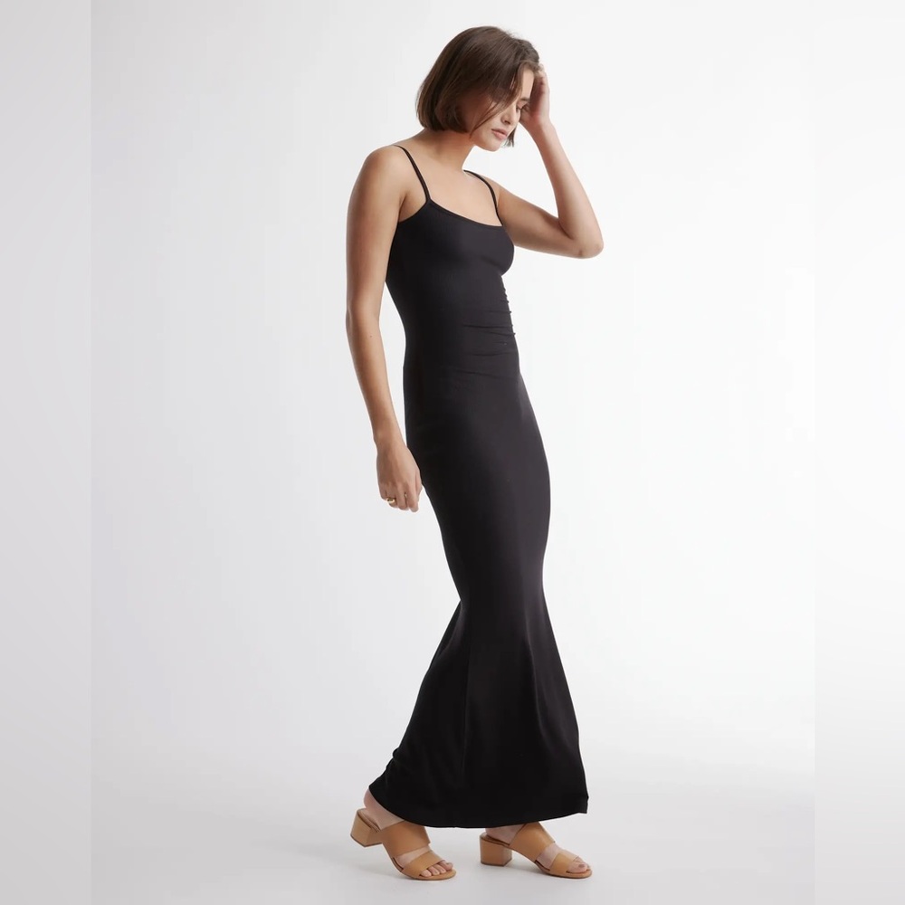 Quince Tencel Ribbed knit maxi slip dress black